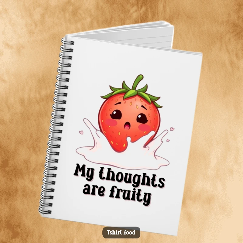 Funny surprised strawberry blushing as it falls into a milk splash notebook, a blushing strawberry landing in creamy milk, perfect for funny journaling.
