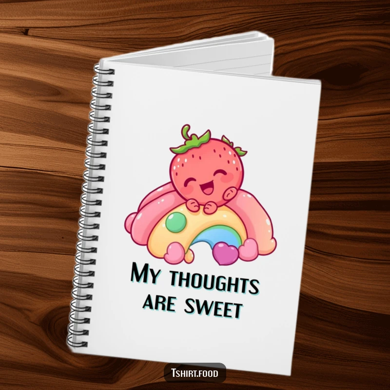 Funny Strawberry Rainbow Notebook with a giggling strawberry character sliding down a candy rainbow, ideal for note-taking with a touch of sweet humor.