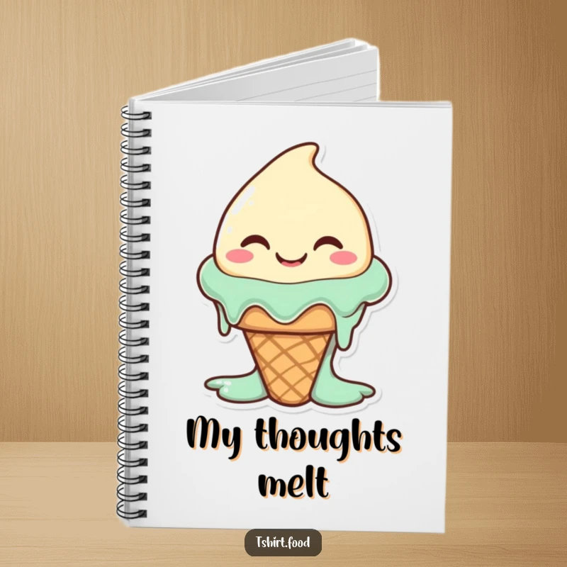 Funny happy ice cream cone character melting slightly with a wide, silly smile, on a notebook cover. For writing.