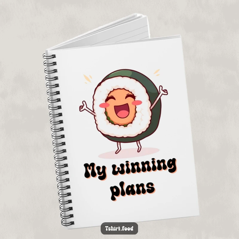 Funny Notebook: A beaming sushi roll with tiny legs dances with joy, ready to record your brilliant ideas.