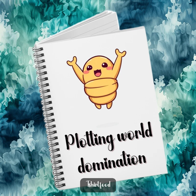 Funny notebook cover featuring a surprised croissant character leaping energetically mid-air with arms raised, perfect for capturing creative thoughts.