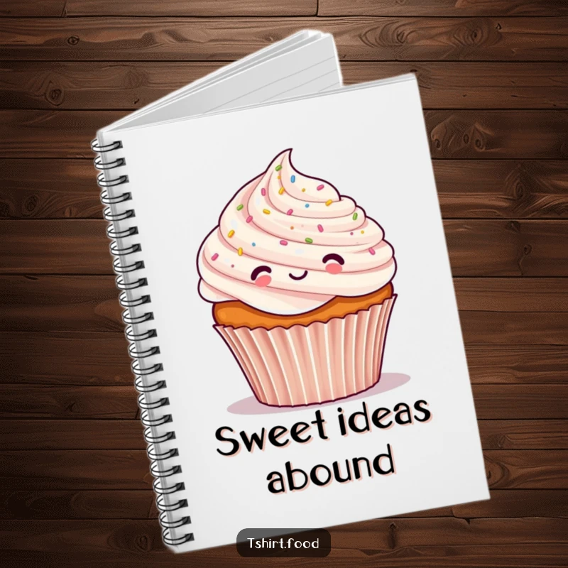 Funny notebook featuring a cheerful cupcake character covered in tiny confetti, ideal for jotting down ideas with a festive, humorous twist.