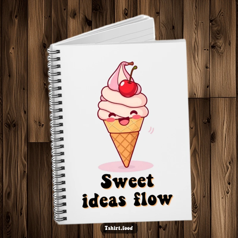 Funny Notebook: A delighted ice cream cone spins playfully with a wobbling cherry, ready to record your brilliant ideas.