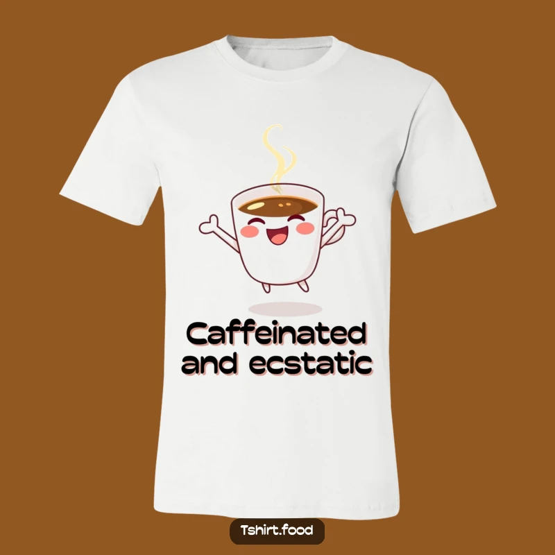 Funny Coffee T-Shirt: Jumping for Joy, Winking Cup, Great Humorous Gift