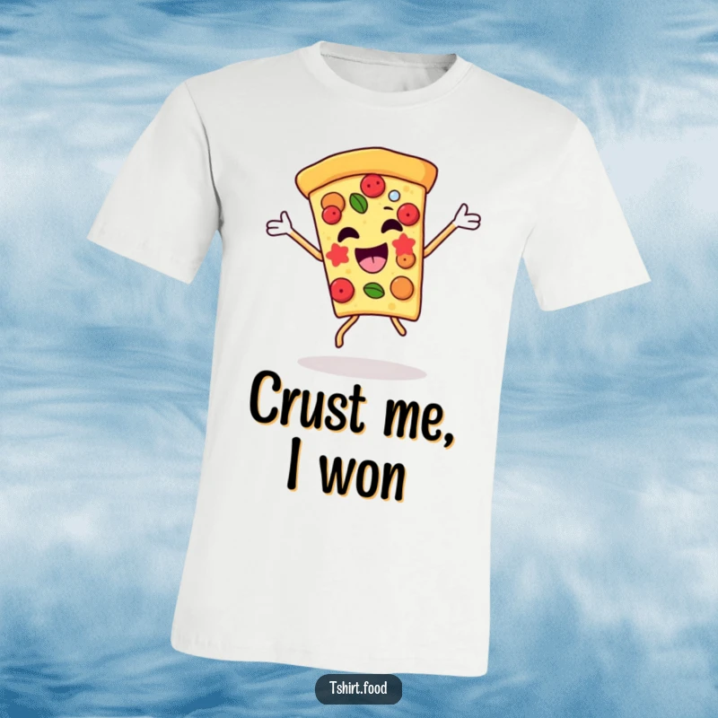Funny pizza slice t-shirt in a victory dance pose, adorned with vibrant toppings, radiating pure fun and excitement. A great foodie gift.