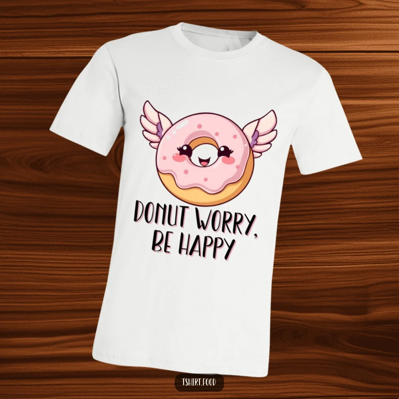 Funny donut t-shirt depicting a smiling donut with wings joyfully flying through the sky, full of sugary freedom.