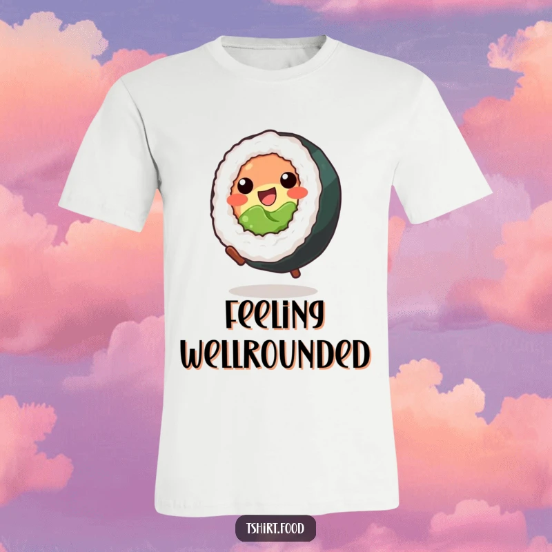 Funny T-Shirt: A smiling sushi roll in mid-cartwheel, showcasing its athletic and happy-go-lucky personality.