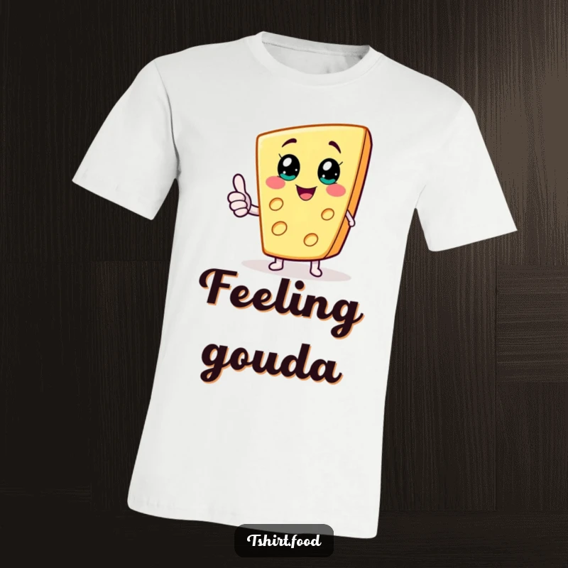 Funny t-shirt with a happy cheese wedge character giving a thumbs up, small arms adding to the cuteness and humor.