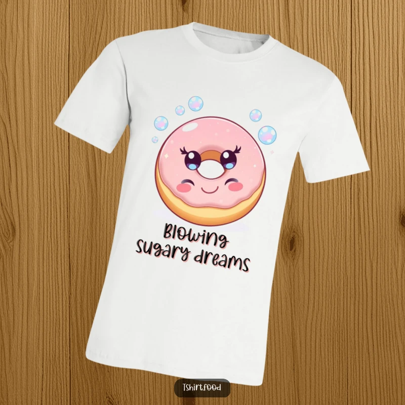 Funny t-shirt featuring a cheerful donut character with sparkling eyes happily blowing iridescent bubbles, radiating sweet joy and playful charm.