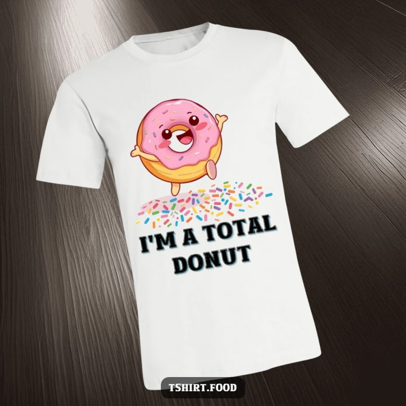 Funny Donut Sprinkle Leap T-Shirt showcasing a happy donut character leaping over scattered sprinkles, embodying lightness and playful energy.