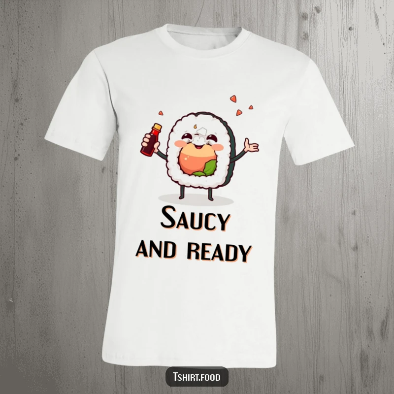 Funny t-shirt featuring a joyful sushi roll character happily juggling a tiny soy sauce bottle, celebrating culinary delight with humor.