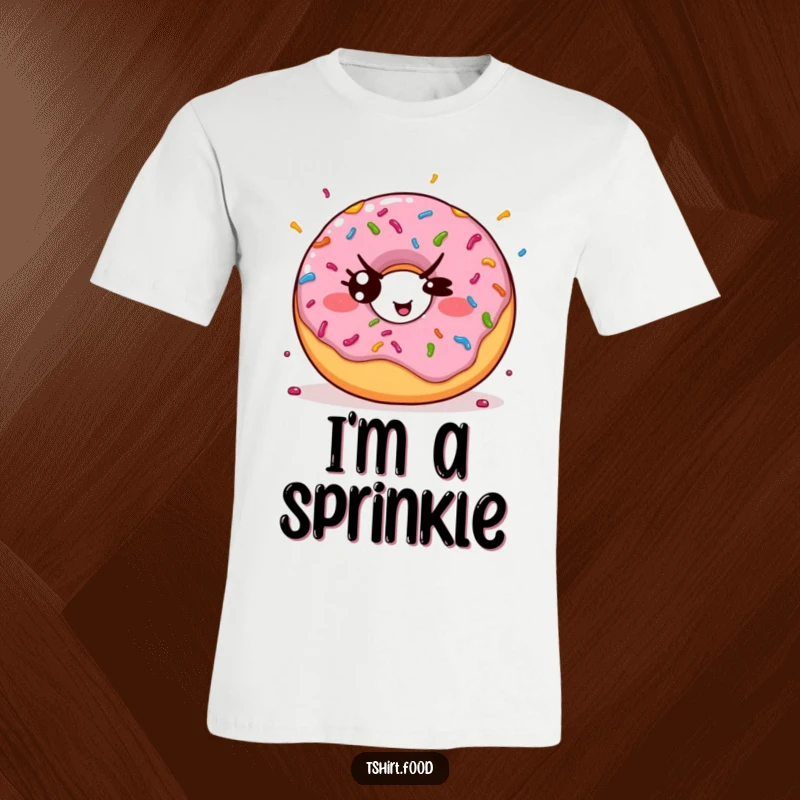 Funny t-shirt showing a kawaii donut throwing colorful sprinkles with a cheeky, mischievous wink, great for casual wear.