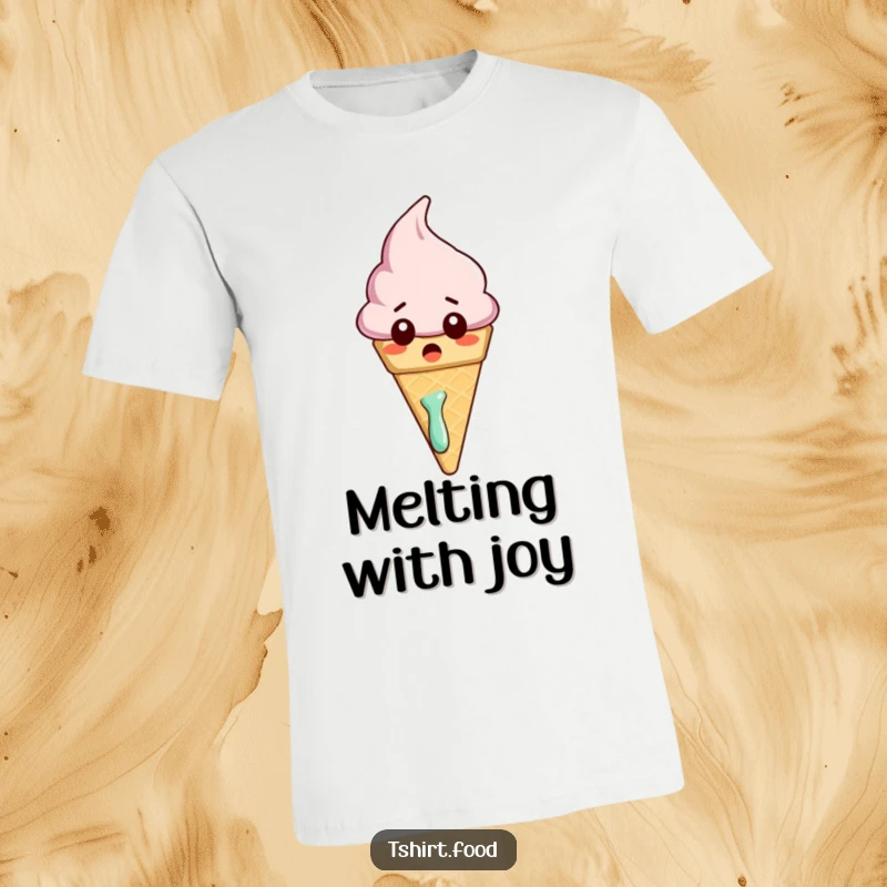 Funny t-shirt depicting a startled ice cream cone character beginning to melt, capturing a humorous moment of surprise.