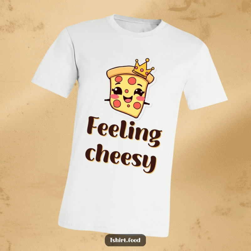 Funny T-Shirt featuring a grinning pizza slice character wearing a tiny crown, embodying cheesy perfection and playful royalty.