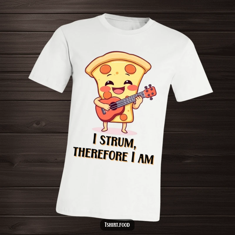 Funny t-shirt featuring a gleeful pizza slice strumming a miniature ukulele, radiating pure musical joy and laughter. Ideal funny gift.