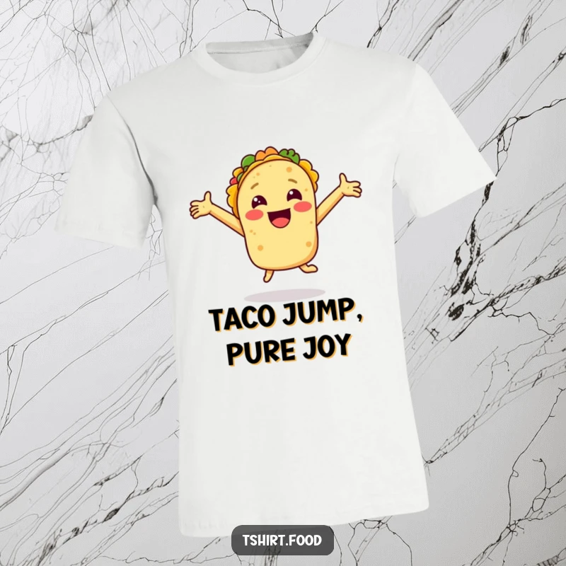 Funny t-shirt showing a smiling taco with arms wide open, jumping with pure joy and festive energy.