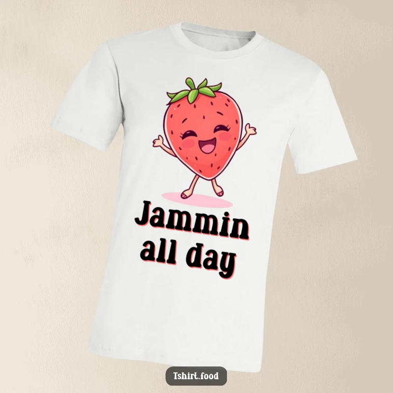 Funny T-Shirt: A giggling strawberry character in the midst of a silly, animated dance, full of energy.