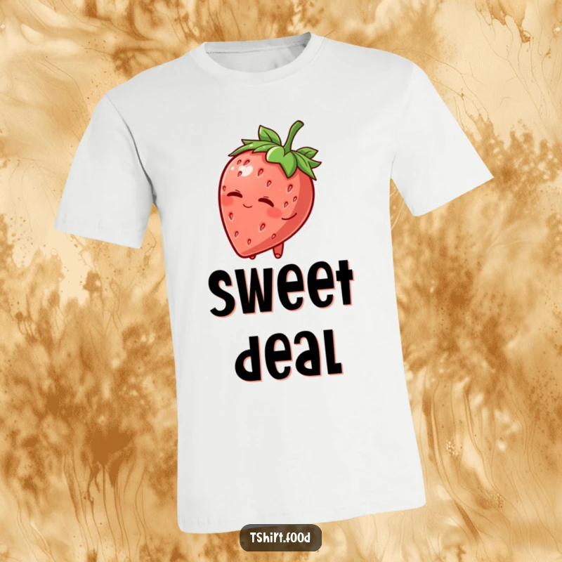 Funny T-Shirt: A cute strawberry character wearing a leafy hat winks mischievously, radiating playful charm and a friendly vibe.