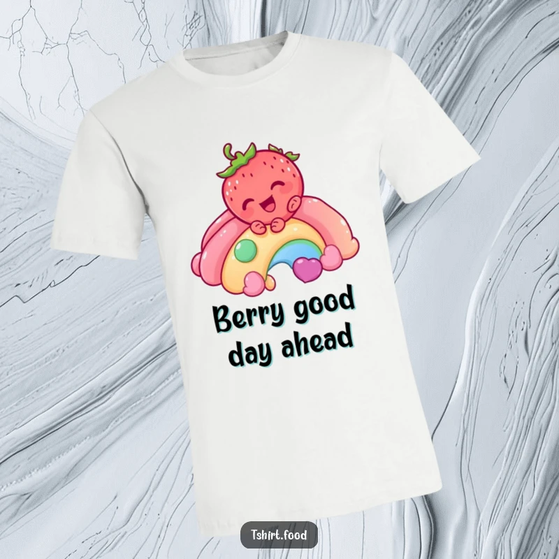 Funny Strawberry Rainbow T-Shirt showcasing a giggling strawberry character sliding down a candy rainbow, symbolizing playful joy and sweet escapades.