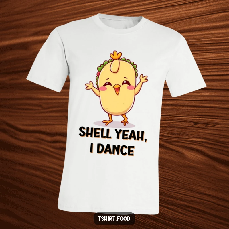 Funny Taco Chicken Dance T-Shirt with a giggling taco character wearing tiny feet and doing a silly chicken dance, ideal for casual wear.