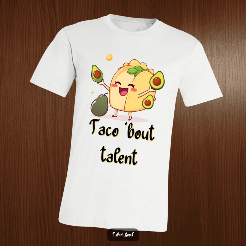 Funny t-shirt of a happy anthropomorphic taco juggling several small avocados, showcasing a wide, delighted grin. Great gift.