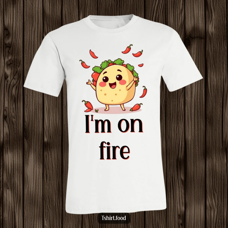 Funny T-Shirt: A vibrant, happy taco character in the middle of a juggling act with tiny, mischievous chili peppers.