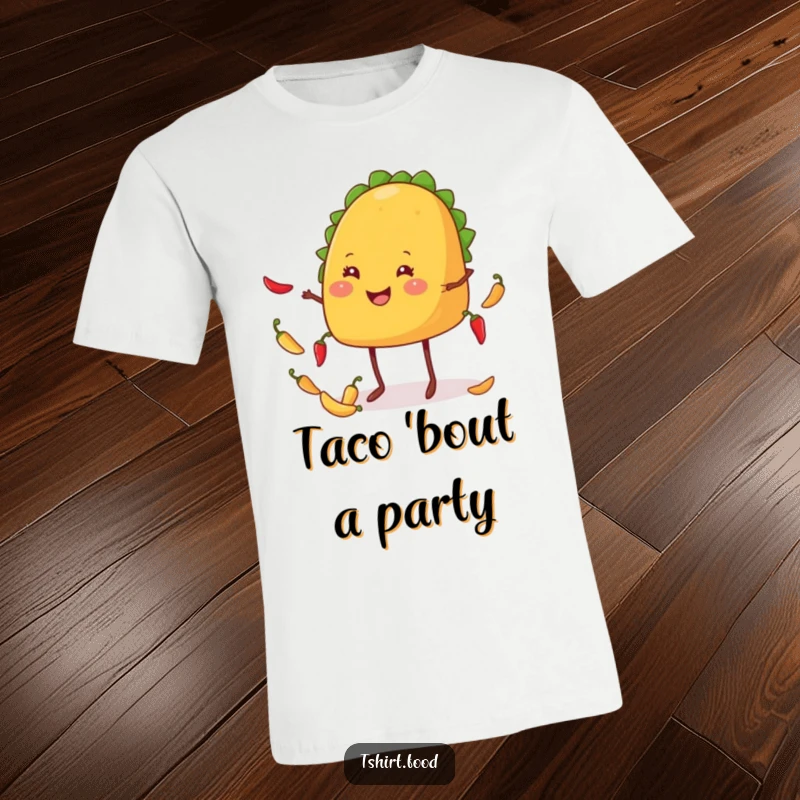 Funny taco t-shirt showing a smiling, leggy taco expertly juggling tiny red chiles with a joyful expression.