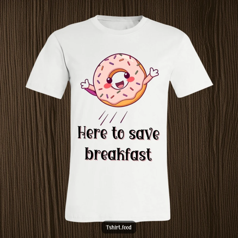 Funny T-Shirt: A cheerful donut with colorful sprinkles in a dynamic superhero landing pose, ready for action.