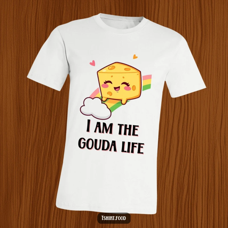 Funny Winking Cheese Wedge T-Shirt, joyfully descending a rainbow, embodying playful humor and whimsical delight.