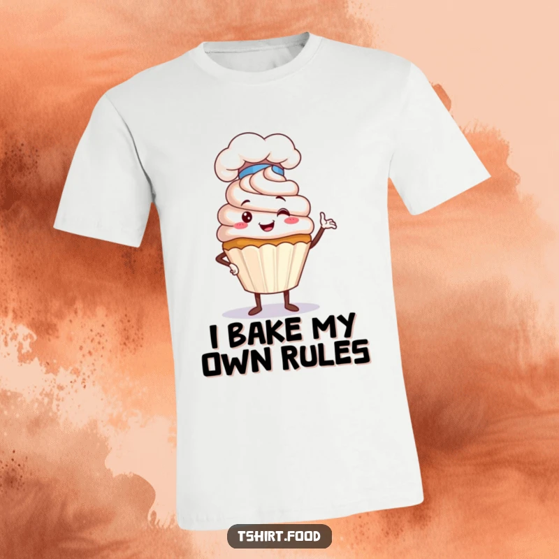 Funny Cupcake Chef T-Shirt depicting a proud cupcake character in a chef hat striking a humorous pose, showcasing culinary flair and personality.