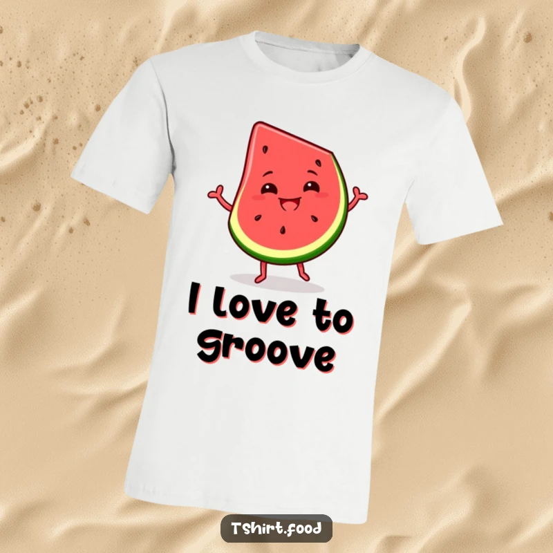Funny t-shirt graphic of a slice of watermelon enthusiastically dancing with a wide, silly grin, radiating summertime joy.