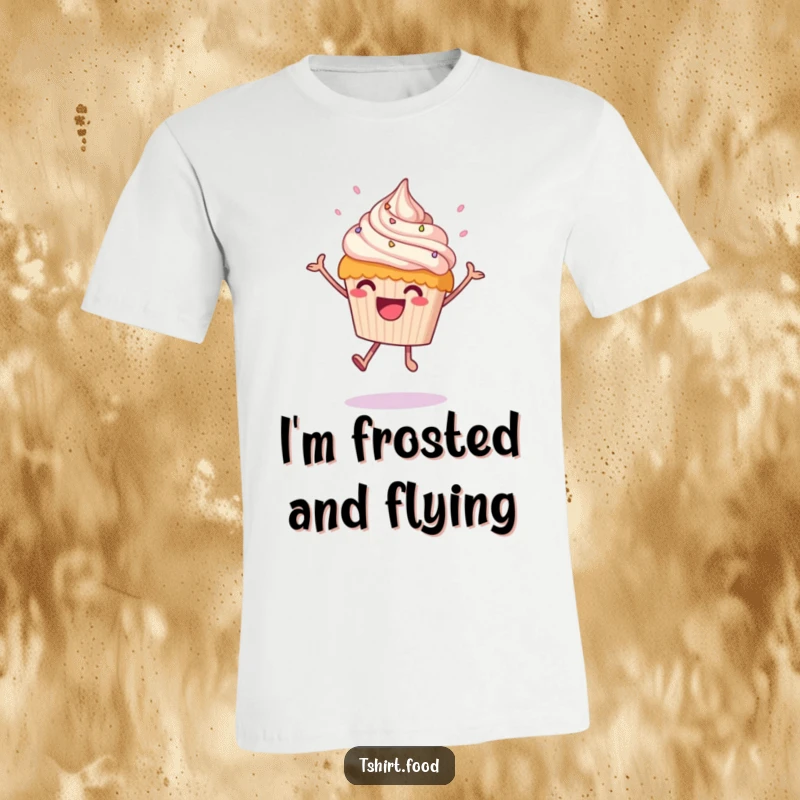 Funny leaping cupcake t-shirt featuring a happy cupcake mid-leap with frosting raining down, a truly joyous and funny design.