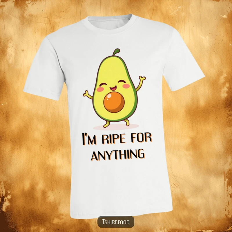 Funny t-shirt showcasing a winking avocado character energetically doing a happy jig, full of cheerful vibes and humorous motion.