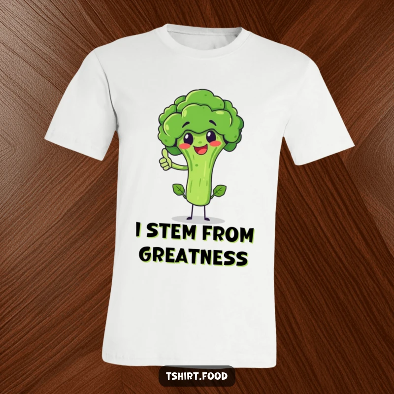Funny broccoli character giving a thumbs up, balancing on its stem, printed on a t-shirt. A humorous and vibrant tee.