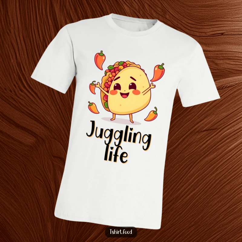 Funny T-Shirt: A cartoon taco with a determined look joyfully juggles small, vibrant peppers, celebrating flavor and fun.