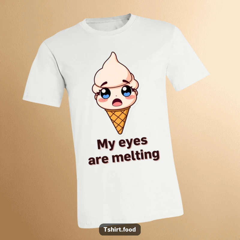 Funny t-shirt graphic of an ice cream cone with wide, bulging eyes expressing extreme surprise and shock, looking delightful.