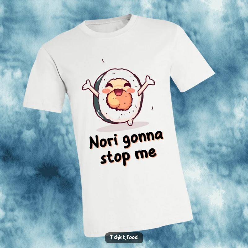 Funny sushi t-shirt depicting a cheerful sushi roll with arms joyfully doing a cartwheel, full of motion.