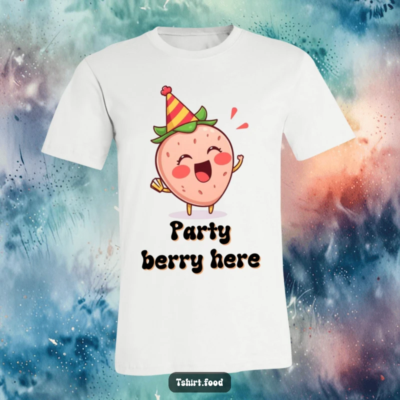 Funny Strawberry Party T-Shirt: An excited strawberry with a party hat blows a horn, full of celebration.