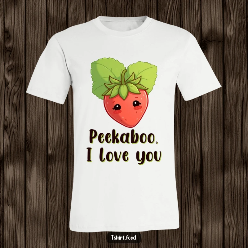 Funny shy strawberry T-shirt, peeking from a leaf with an adorable, bashful look. Perfect funny gift.