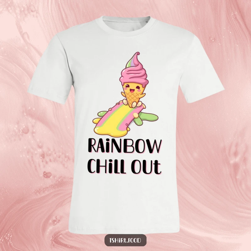 Funny t-shirt design of a happy ice cream cone character sliding down a colorful rainbow, symbolizing joy after a delightful melt.