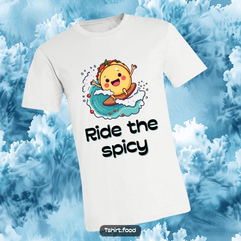 Funny t-shirt showcasing a round taco character exhilarated while surfing a breaking wave of red salsa, embodying pure joy and adventure.