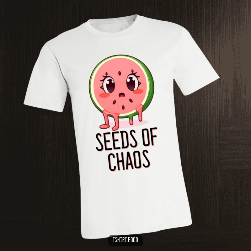 Funny surprised watermelon slice character with dripping seeds, eyes wide, on a t-shirt. Wearable surprise.