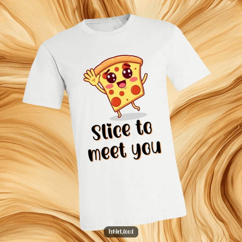 Funny t-shirt depicting a pizza slice with pepperoni eyes waving and dancing silliy, great for casual wear and parties.