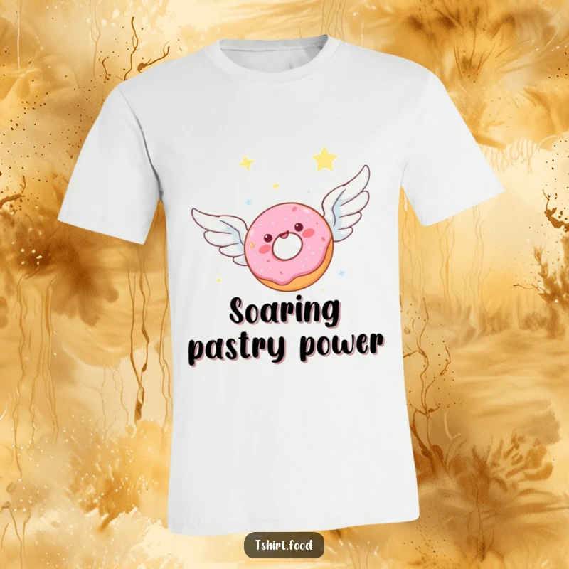 Funny t-shirt design of a donut with angelic wings joyfully flying through a starry sky, embodying freedom and sweet indulgence.