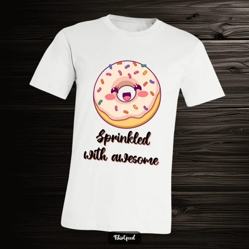Funny T-Shirt: A cheerful donut covered in sprinkles is captured in a dynamic pose, bouncing with infectious excitement.
