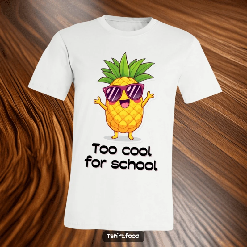 Funny pineapple t-shirt showing a cool character in sunglasses doing a joyful shimmy with a tropical flair.