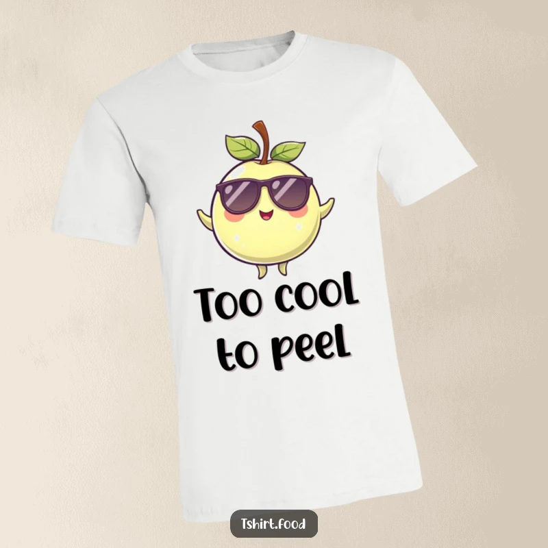 Funny winking plum with sunglasses balancing stylishly on a t-shirt, showcasing a cool and humorous vibe.