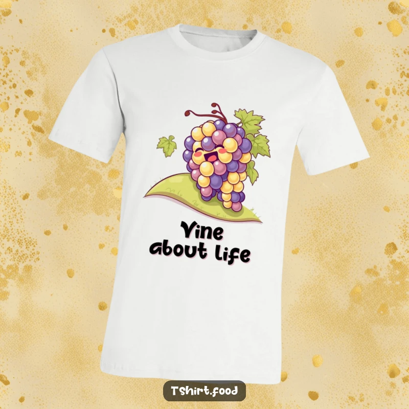 A giggling bunch of grapes tumbling down a hill on a t-shirt, capturing pure, uncontainable fruity fun.