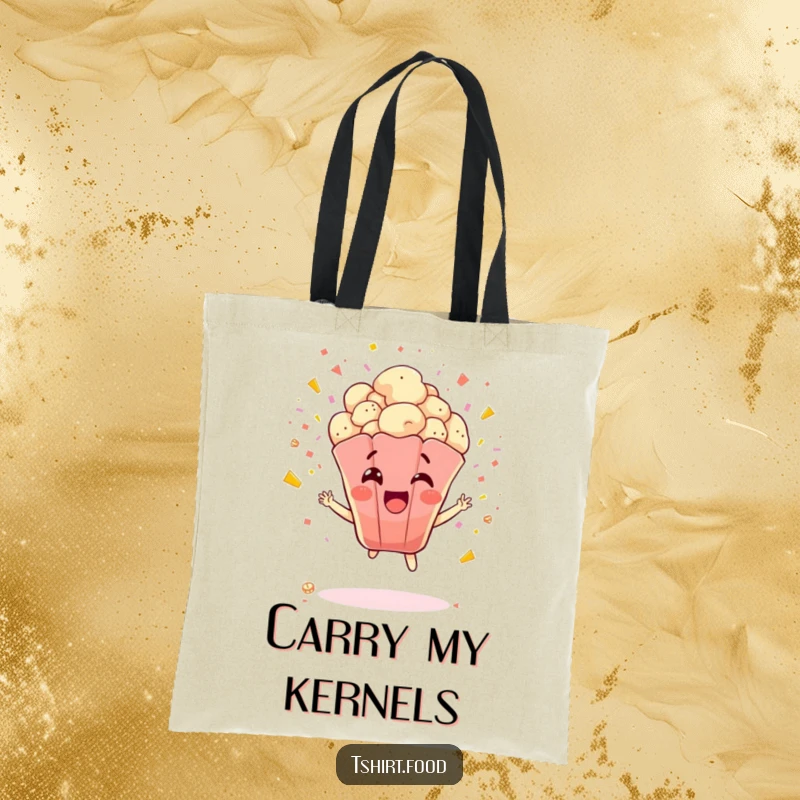Funny Popcorn Tote Bag: A jubilant popcorn kernel explodes with confetti, perfect for carrying items with a burst of party spirit.