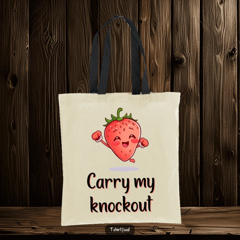 Funny boxing strawberry tote bag with a small fruit jumping with gloves, ideal funny gift.